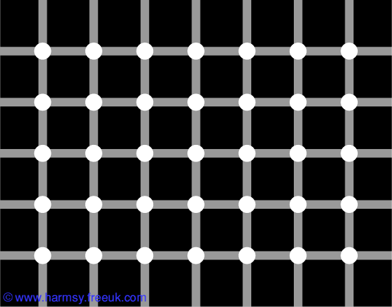 Grid of white circles on grey bars and black background